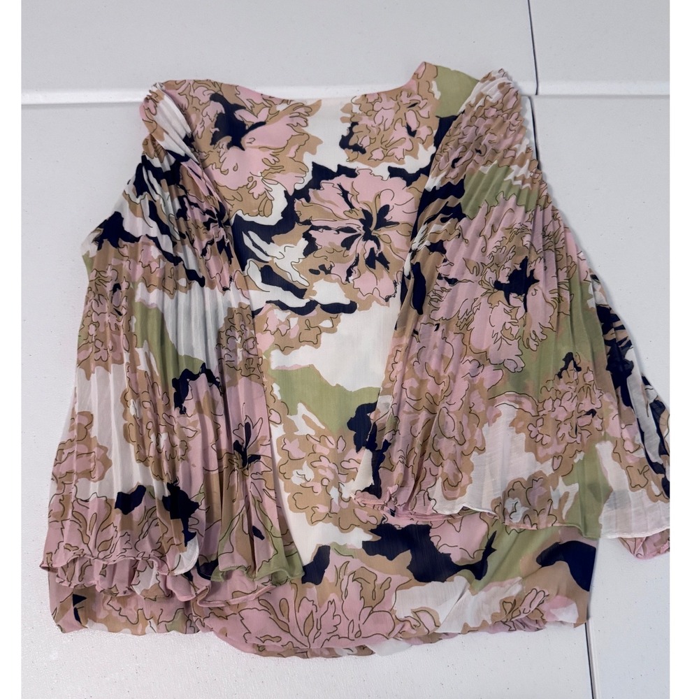 Rose & Olive Floral Pleated Bell Sleeve Blouse Boho Keyhole Top Small Pink Green - Picture 3 of 7